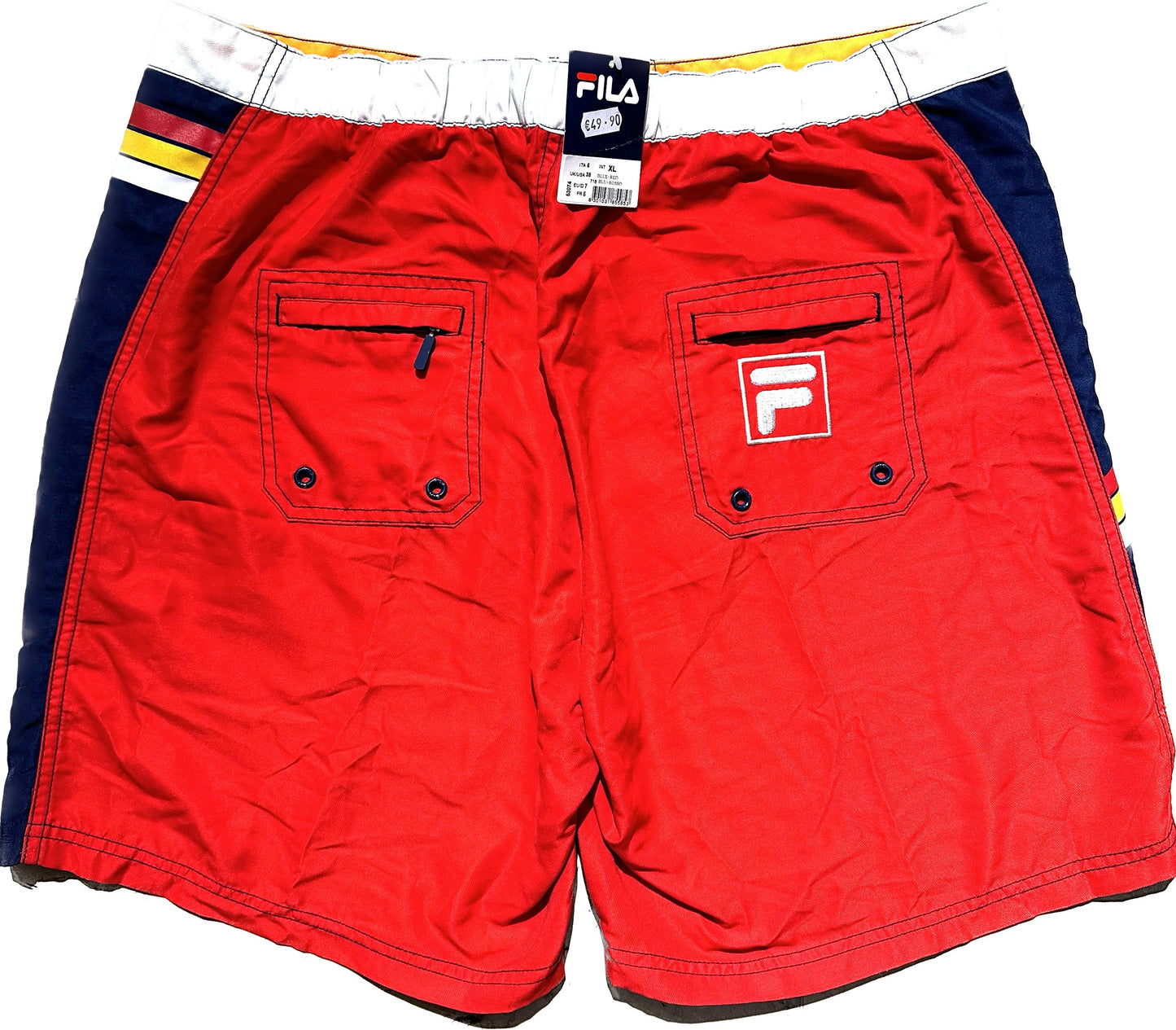 Fila signature colors navy / red swim shorts with embroidered logo and printed stripes, sizes L, XL