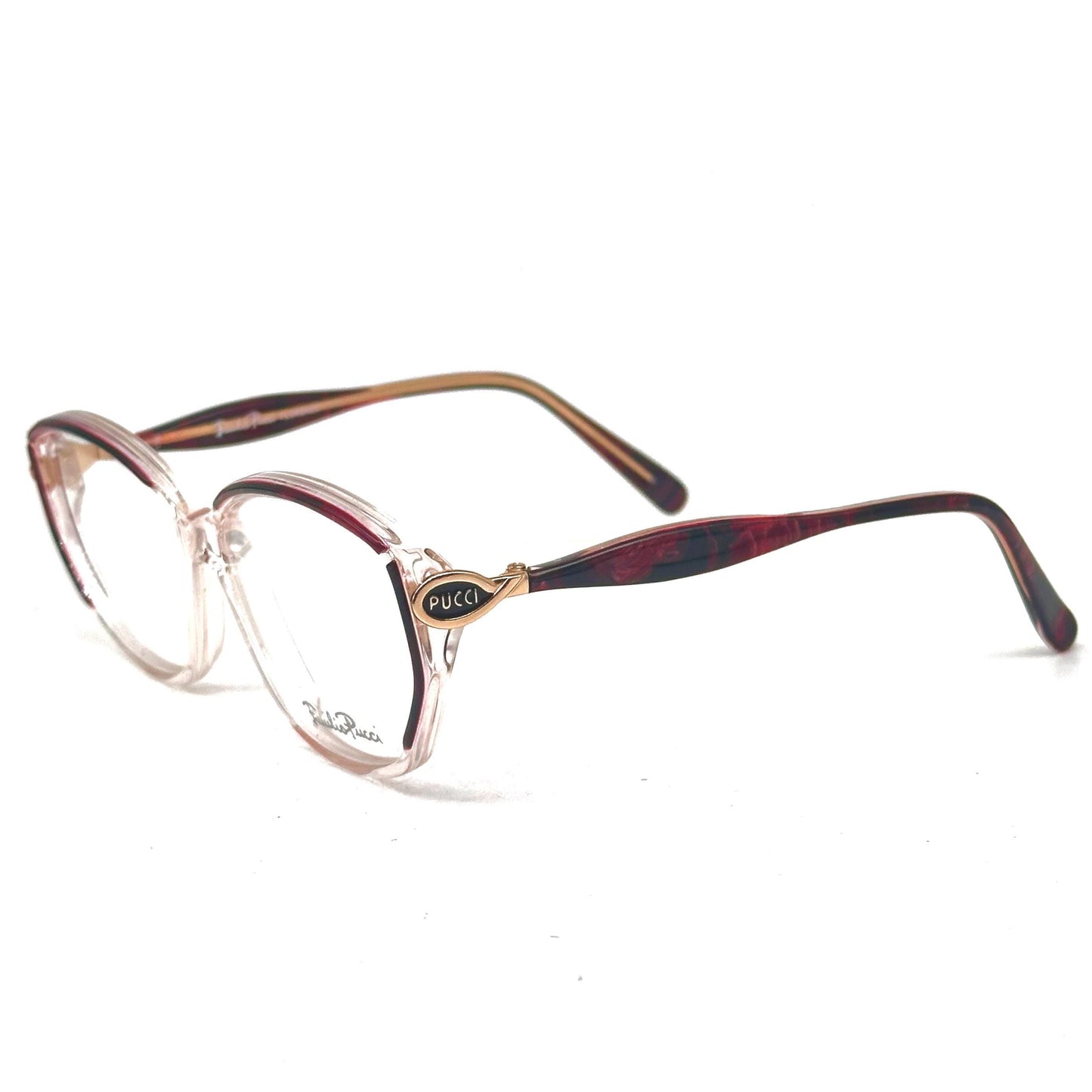 Emilio Pucci 493 clear eyewear detailed with red and black fluid marble parts and gold temples 80s NoS Made in Florence