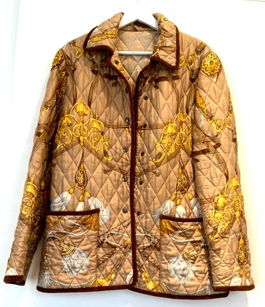 Baroque Scarf Print quilted satin husky style jacket w corduroy borders, sz S mint