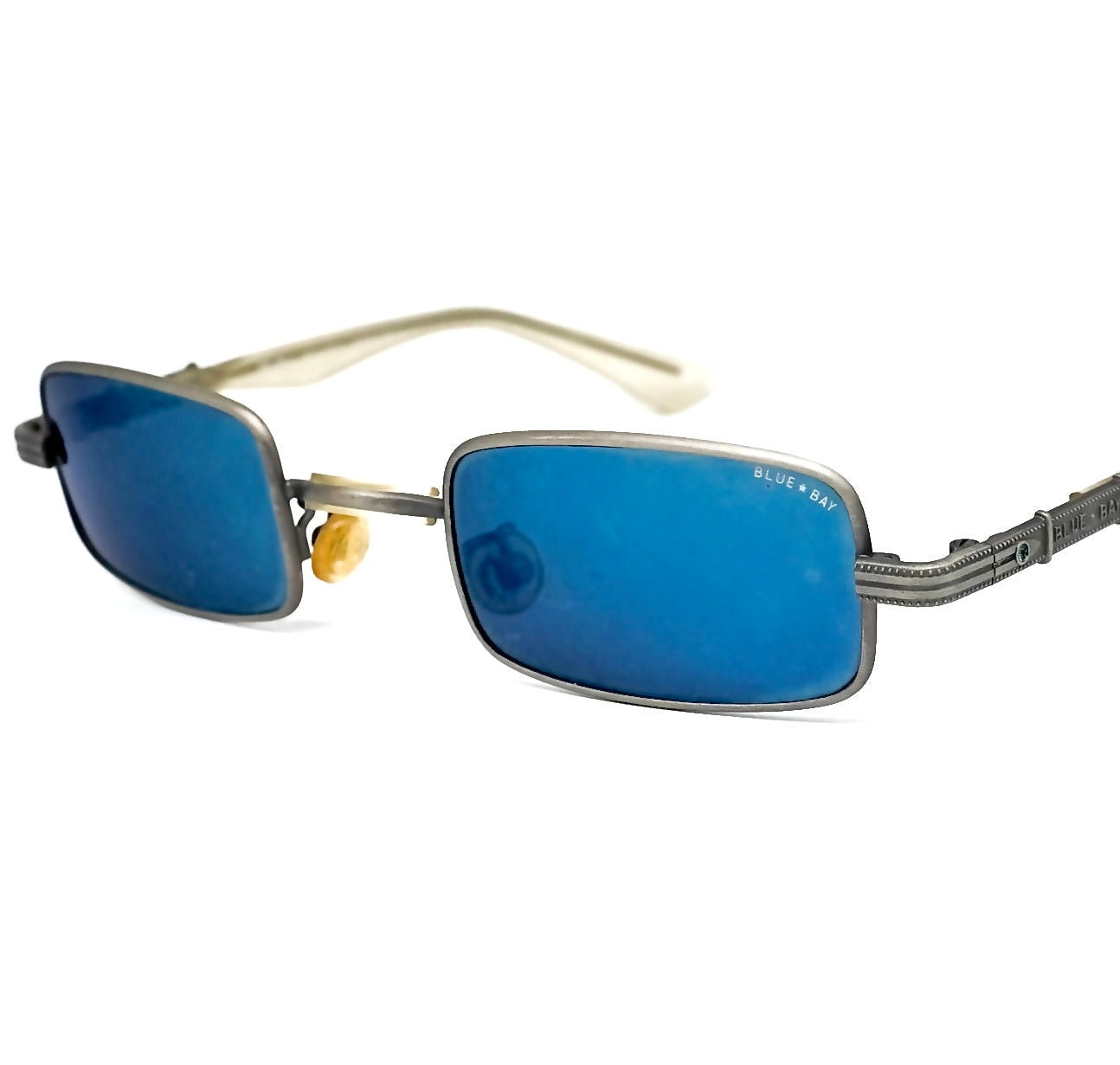 BlueBay minimalist silver rectangular sunglasses w blue mirrored lenses, Italy 90s NOS Mint