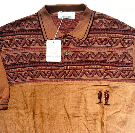 U.Vallati finest linen- Cotton knit polo shirt w Mexican embroidery, NOS 80s Italy