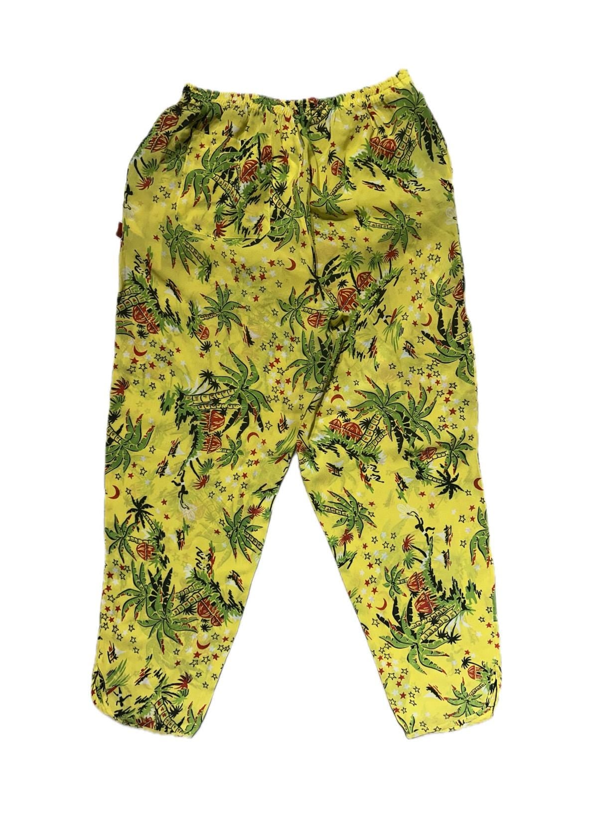 Fiorucci cool yellow Aloha beach trousers w Palms, surfers and stars/moon allover, Italy 80s