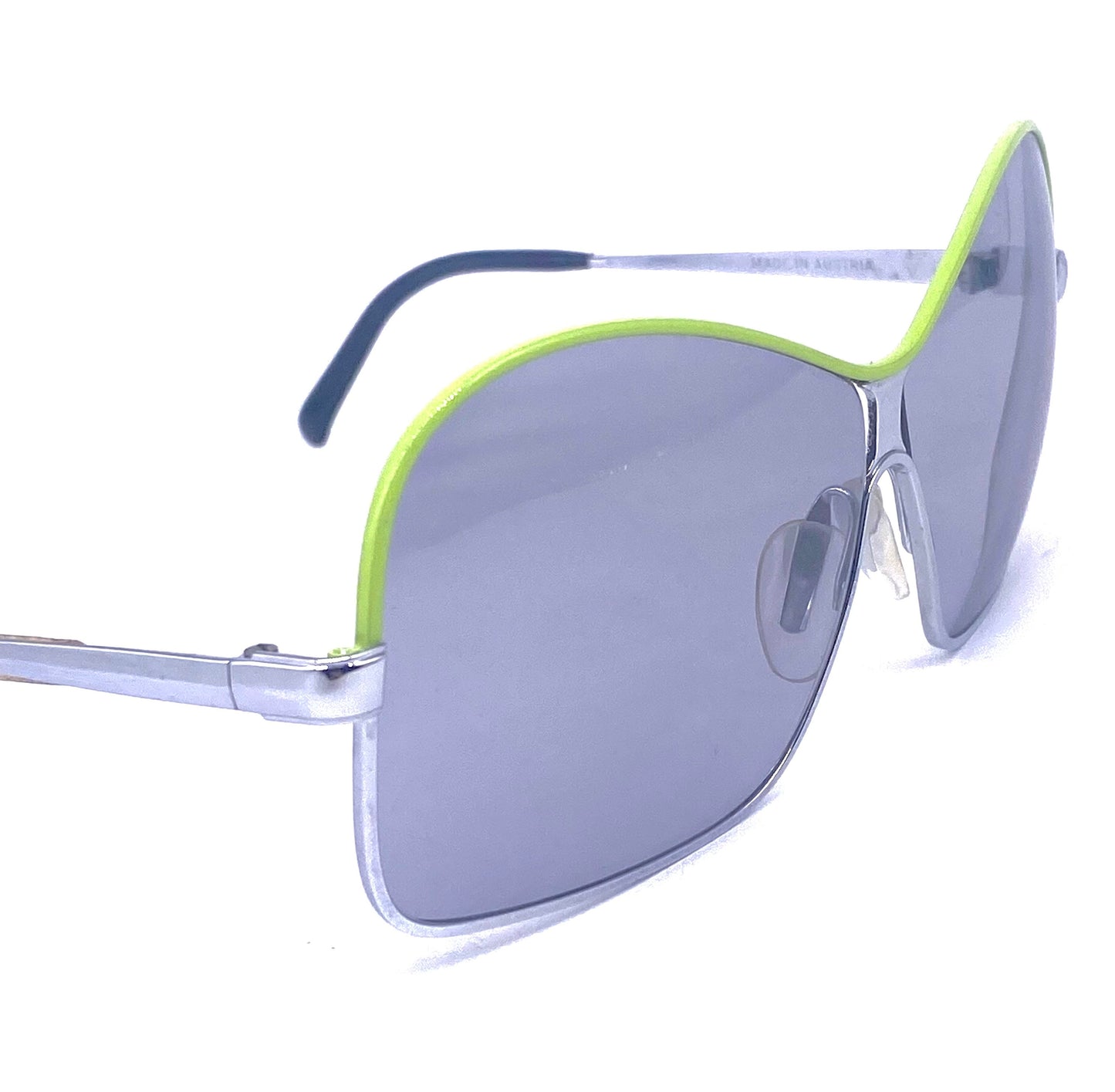 Viennaline 1106 oversized silver metal sunglasses w wavy brows enameled in orange or acid green, NOS 70s Mint