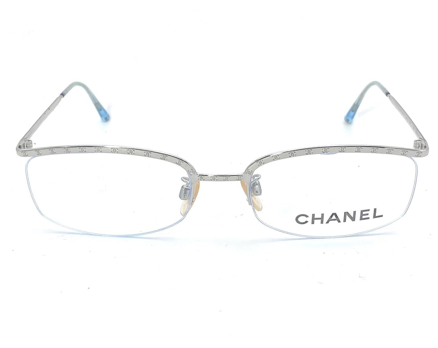 Chanel modernist half rim silver glasses w CC logo carved allover, NOS early Y2K mint