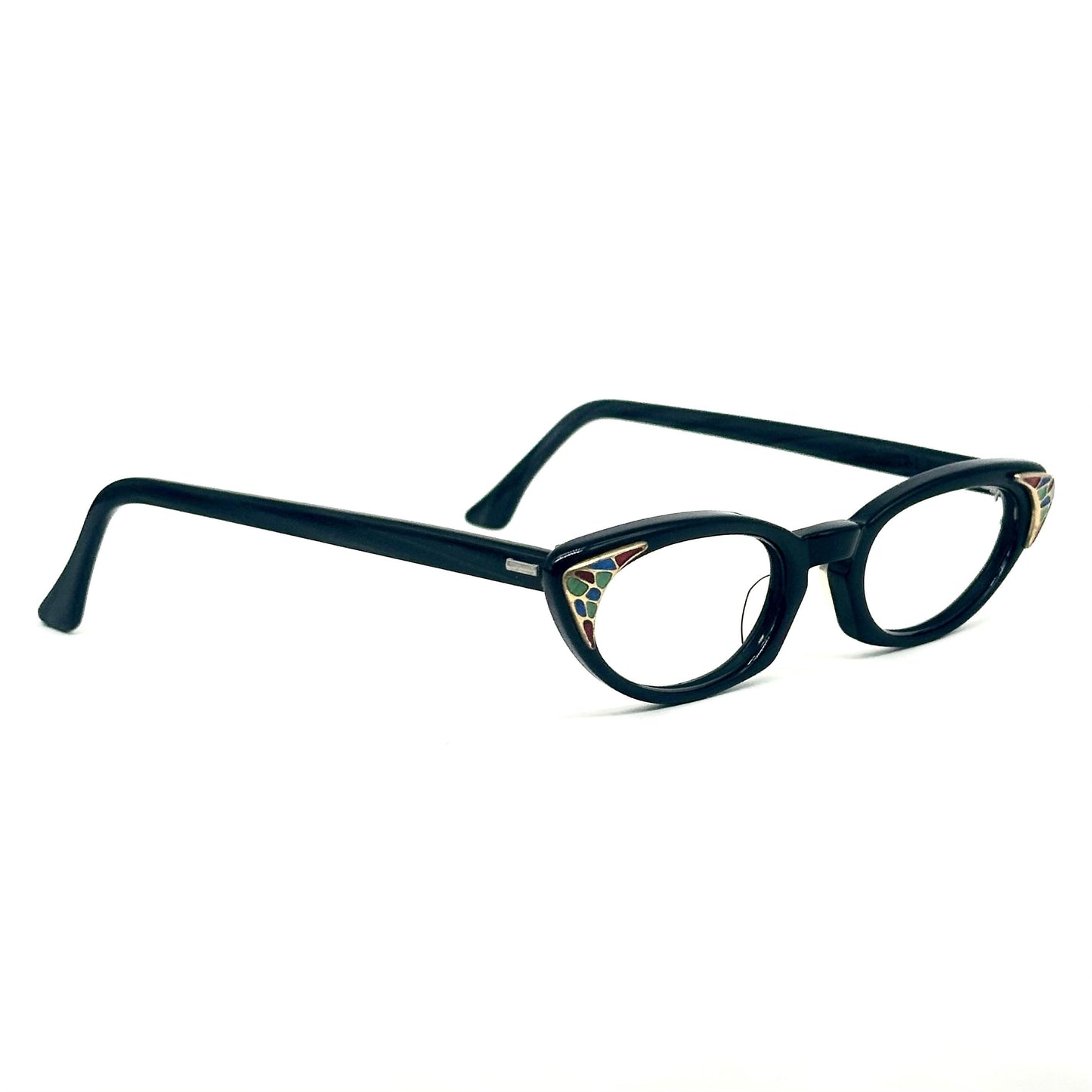 Shuron USA black cateye glasses with colored mosaic detail on golden triangular plaque on the sides style 1960 NoS