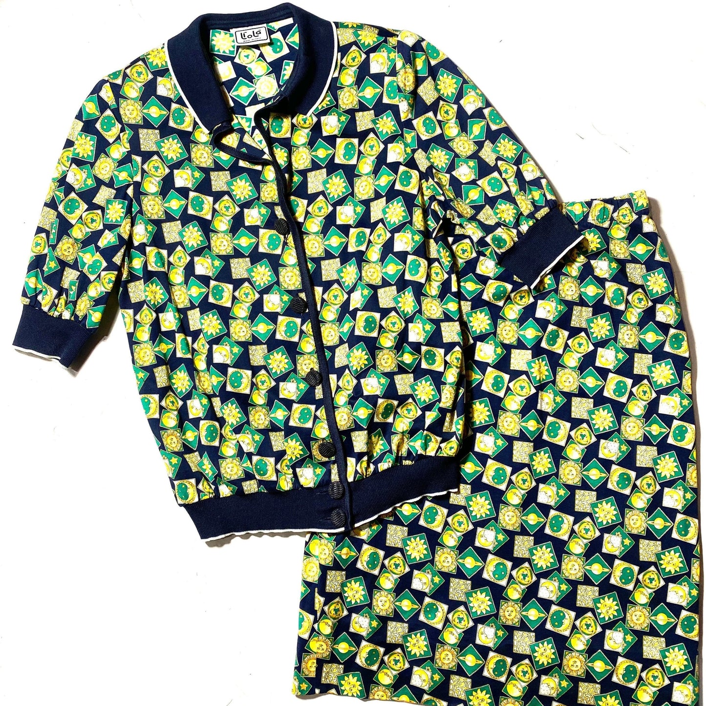 Liolà 2pcs polo/skirt set cotton dress with astology sun/moon/planets allover print, mint condition 80s Italy