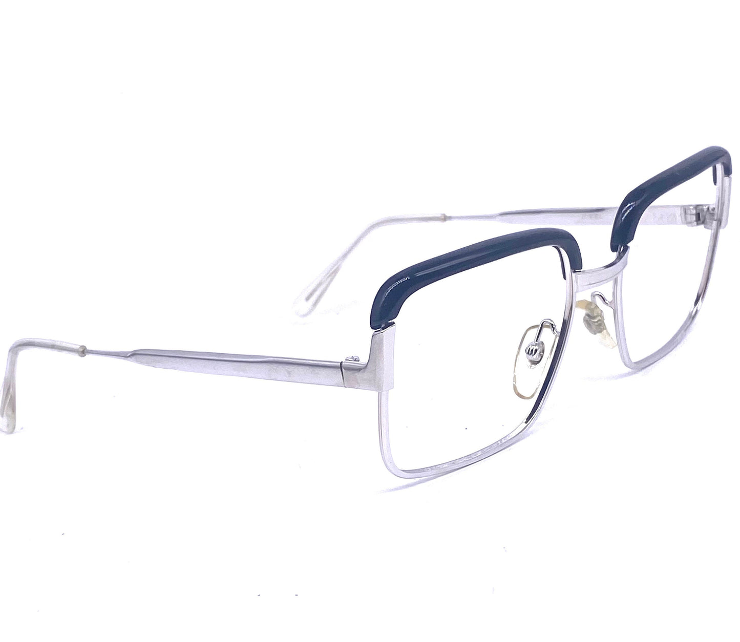 MetalVista Nobel 60s geek square silver frames with black rolled brows, NOS made in Italy