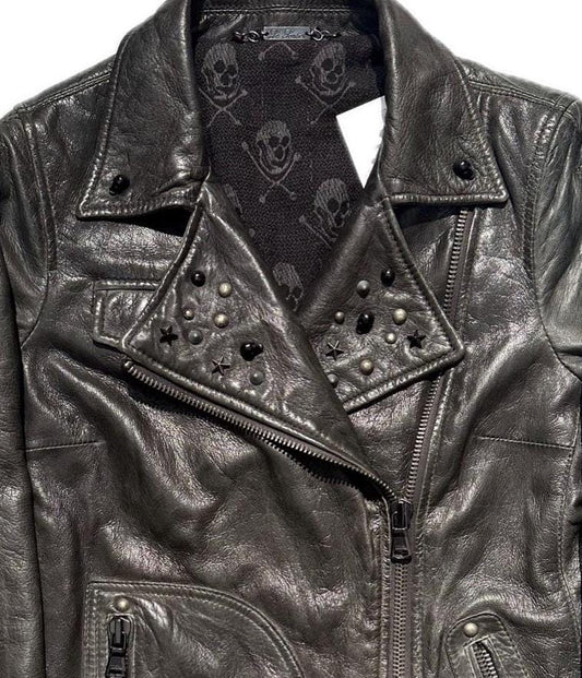 Le Sentier luxury dark grey studded chiodo-vest with kefiah lining, mint sz M 42