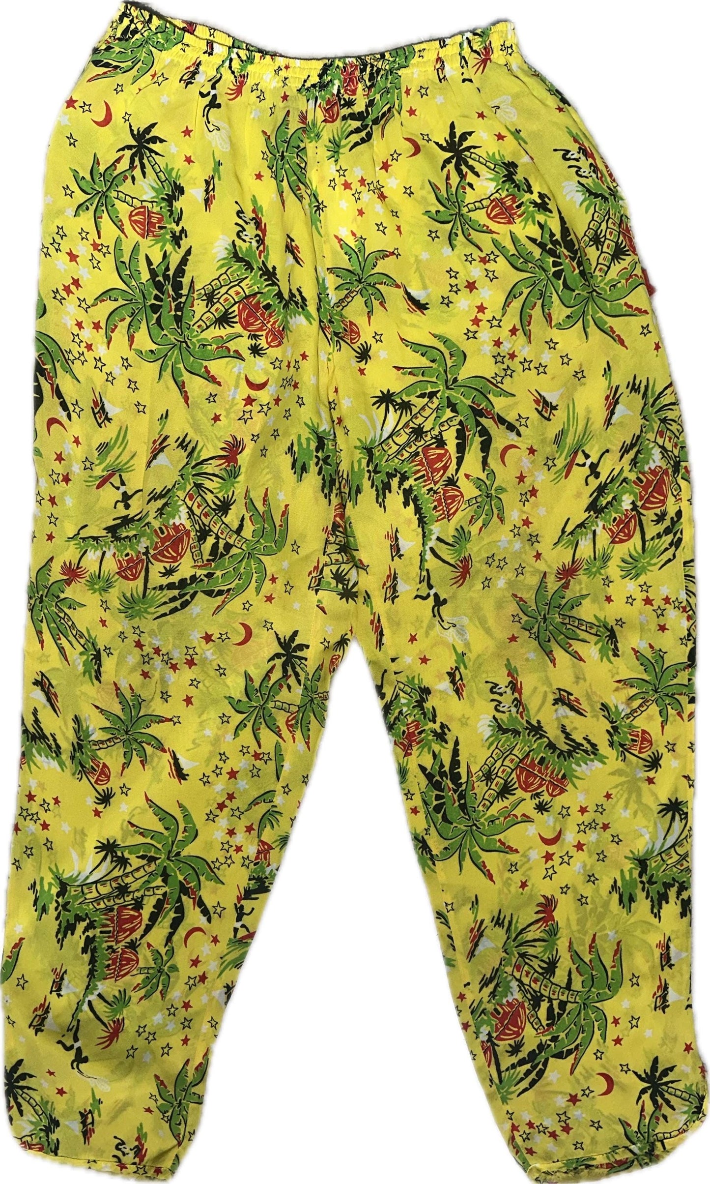 Fiorucci cool yellow Aloha beach trousers w Palms, surfers and stars/moon allover, Italy 80s