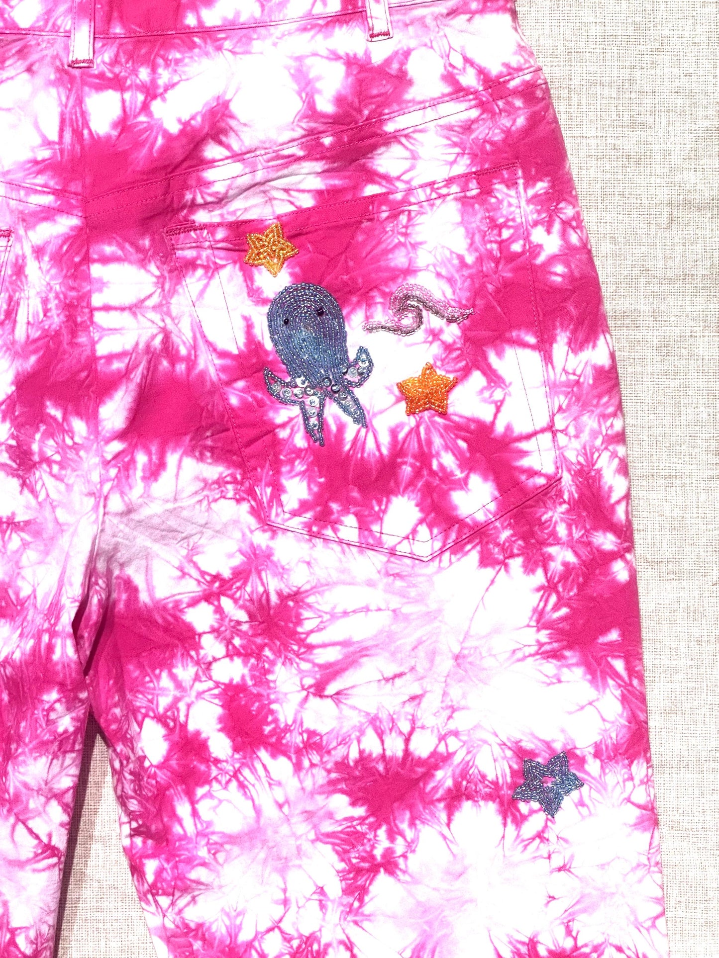 Giusi Slaviero vintage tie dye flare pink bootcut pant with bead embroidery shells, stars and aquatic animals size 42 NWT