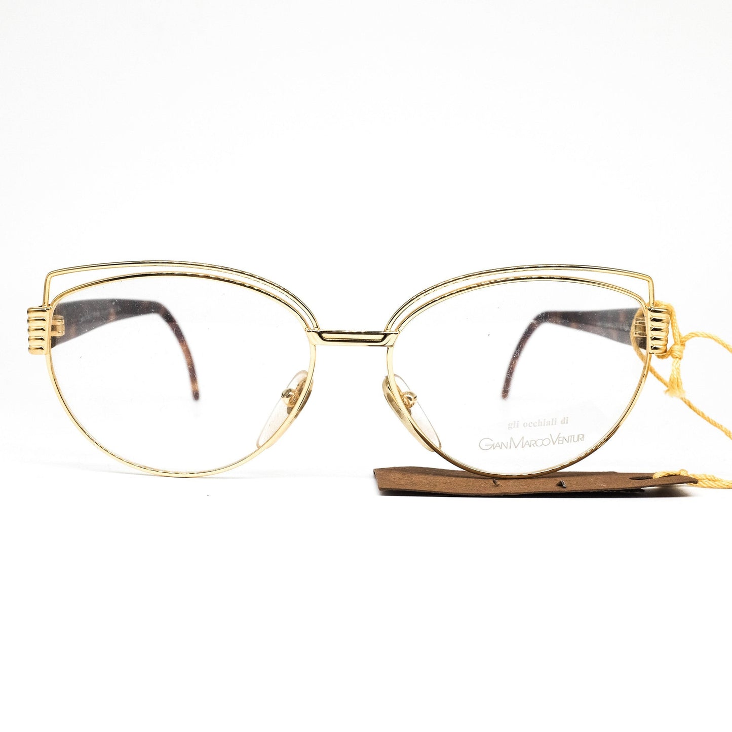 Gian Marco Venturi 024 golden metallic cateye eyeglasses frames with double browline made in Italy with cut off designed hinges, NOS 1990s