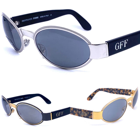 Gianfranco Ferre 311 golden oval wrap sunglasses w cello temples, 3 color combos , NOS 90s Italy