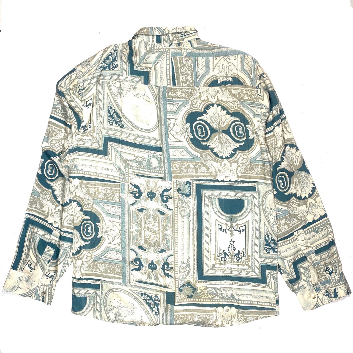 MA baroque shirt, green /gray tones architectural elements allover, sz M Italy 80s Mint
