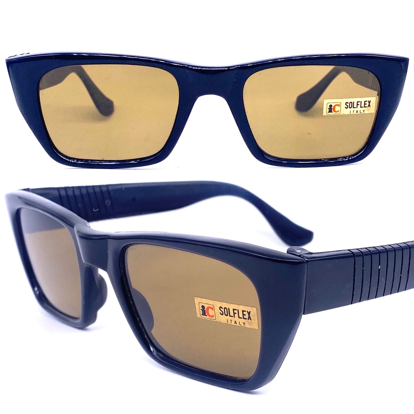 1960s Solflex square oversized tortoise sunglasses with green crystal lenses, NOS Italy