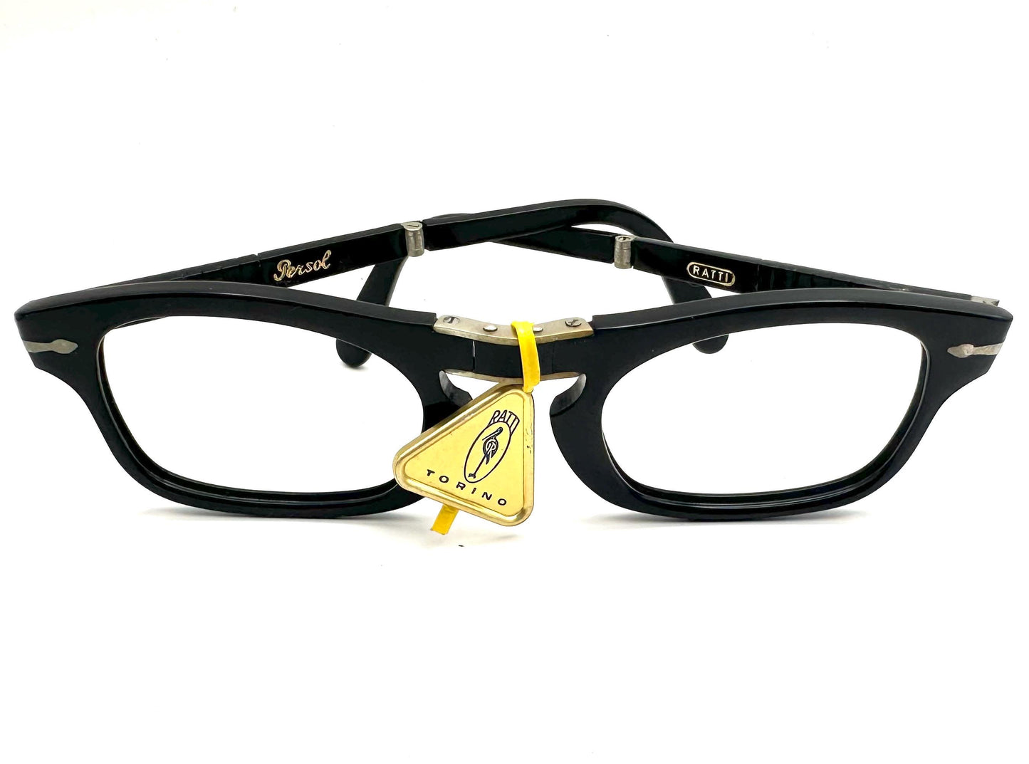 Persol 803 folding black cello rectangular frames w iconic arrow hinges, NOS 1960s Italy