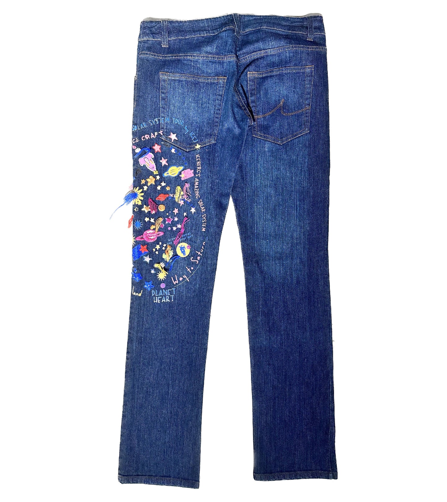 Iceberg Jeans fancy embroidered & printed planets / space jeans sz 29, NOS