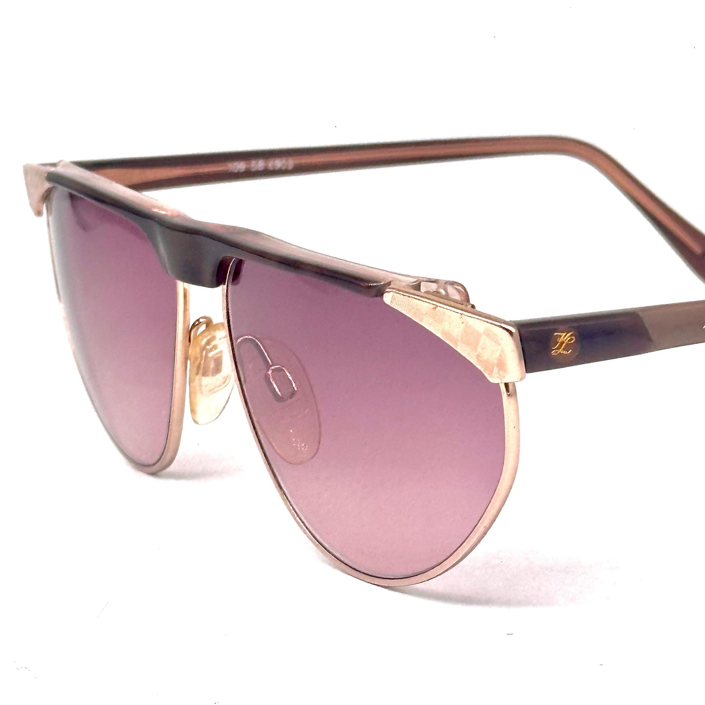 Karl Lagerfeld 109 58 903 brown tortoise and gold frame with chess detail on the sides vintage sunglasses w/ gradient purple lens, NOS