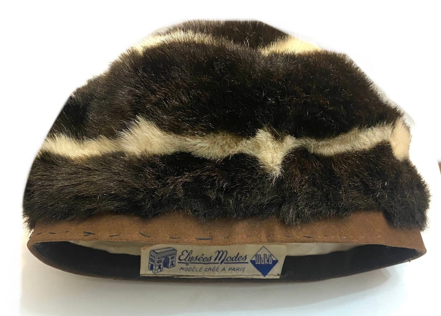 Wakö 1960s brown/white striped faux fur ladies hat hand made in France, mint