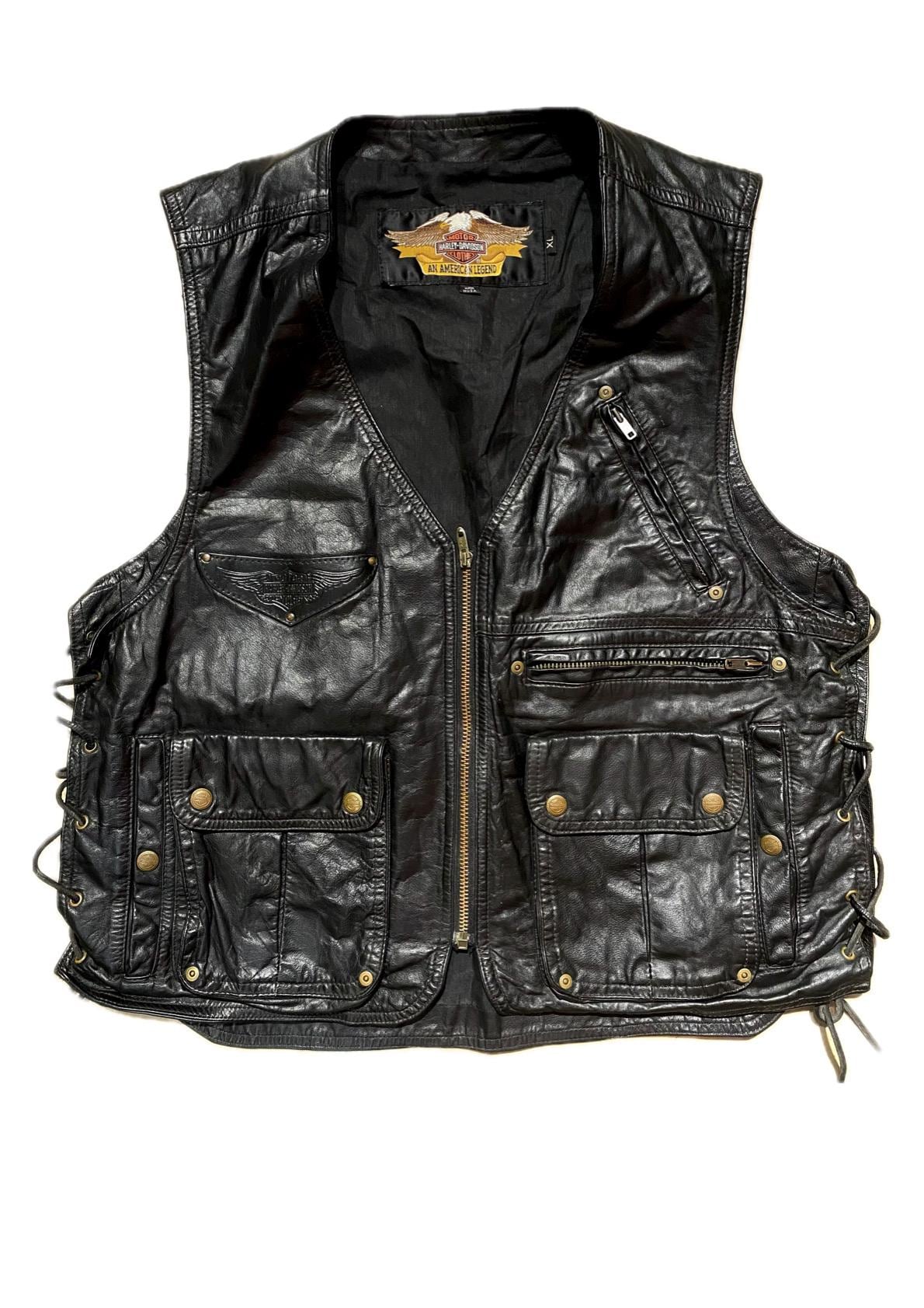 Harley Davidson black leather utility biker vest w 6 pockets 1980z ca made in USA, XL as New!