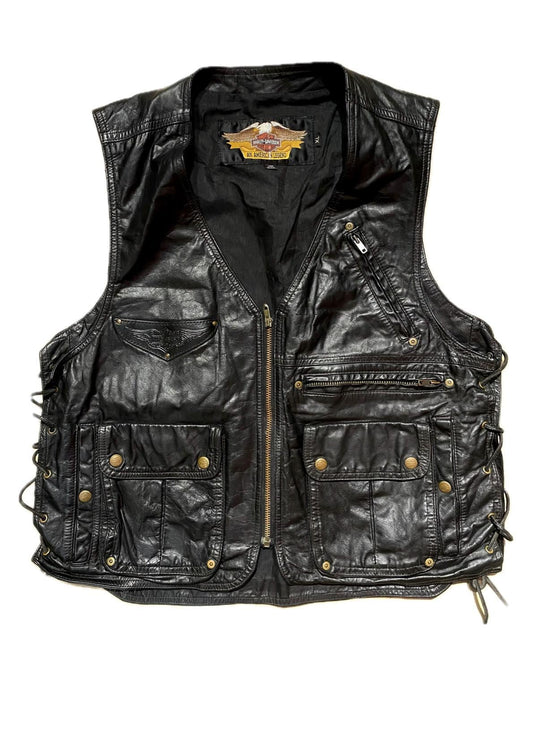 Harley Davidson black leather utility biker vest w 6 pockets 1980z ca made in USA, XL as New!