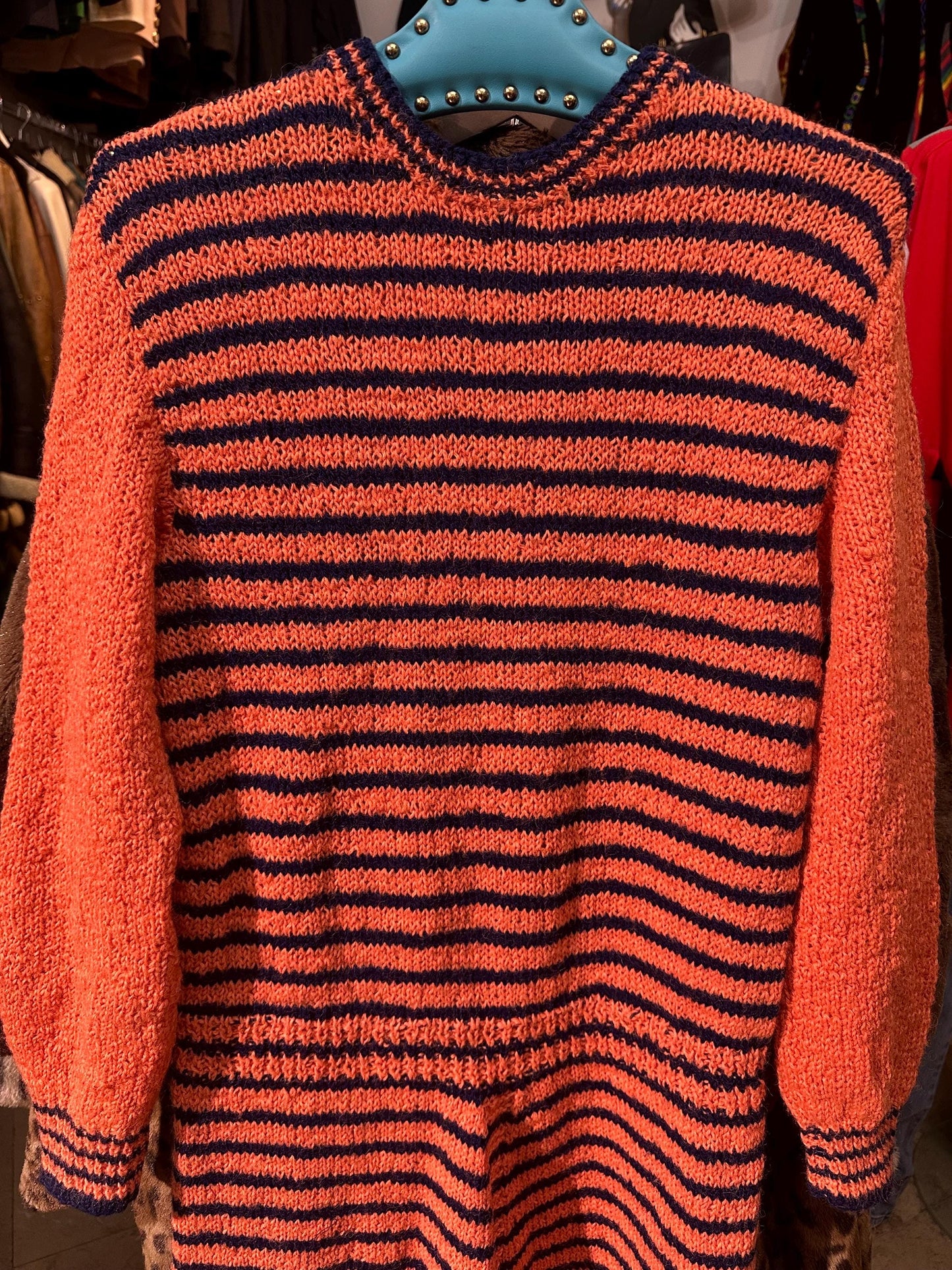 One of a kind Orange - Navy Striped hand knit maxi dress made in Italy in the 70s, in perfect condition.
