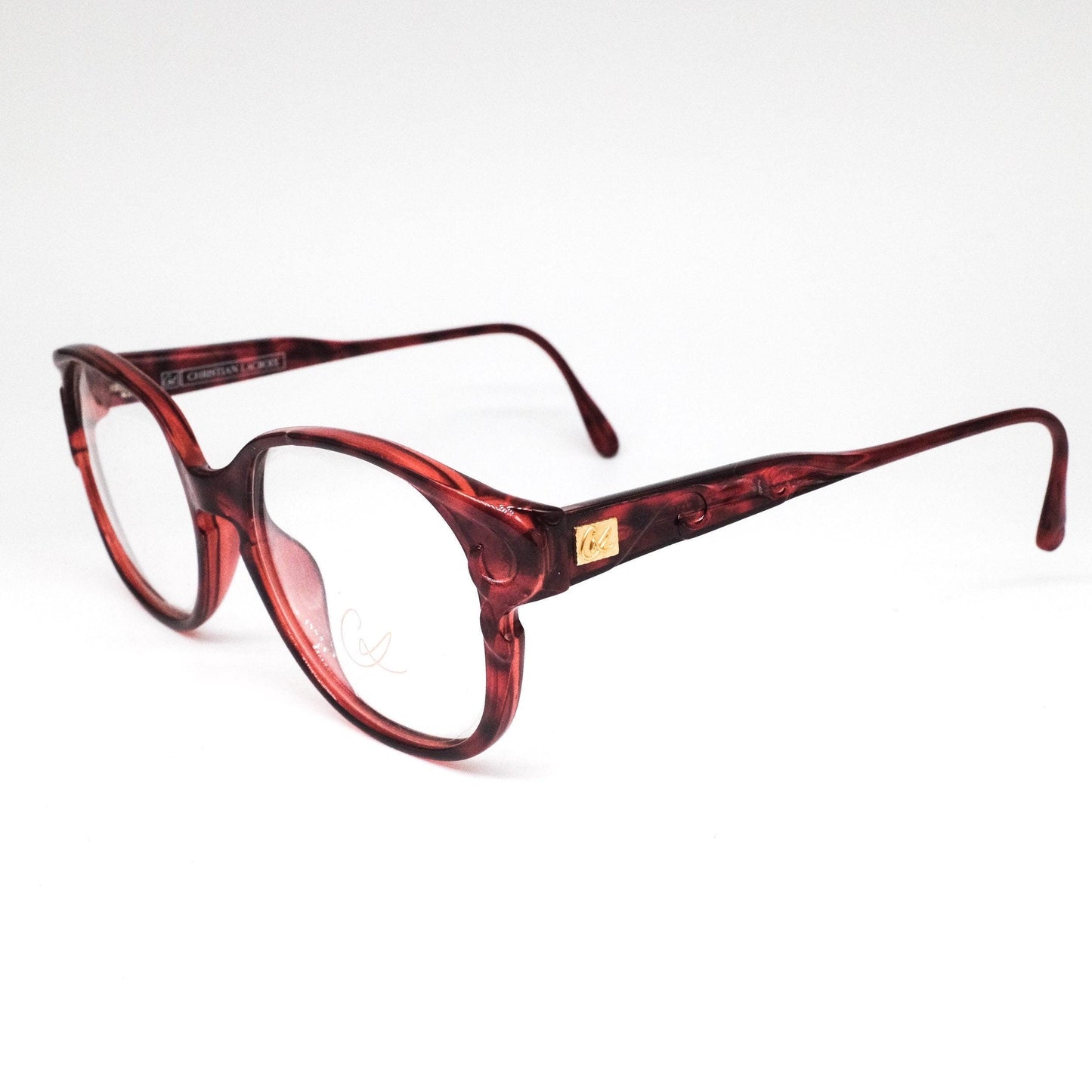 Christian Lacroix 7307 burgundy tortoise oversized eyeglasses frames w embossed deco details, NoS 80s France