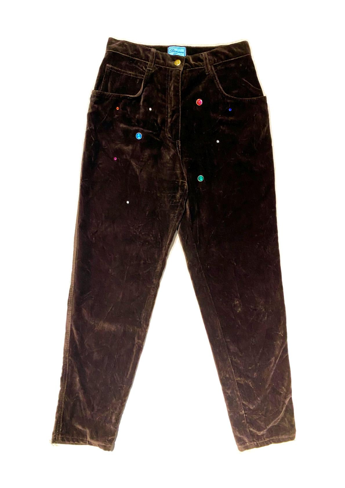 Blumarine Folies brown velour trouses w randomised colorful crystals, nos sz 46