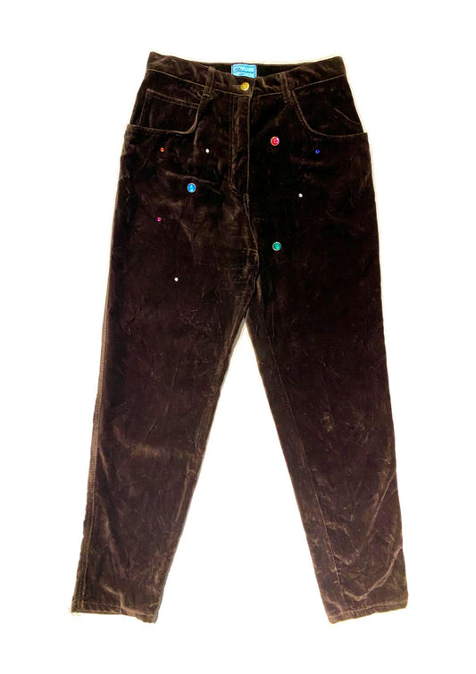 Blumarine Folies brown velour trouses w randomised colorful crystals, nos sz 46