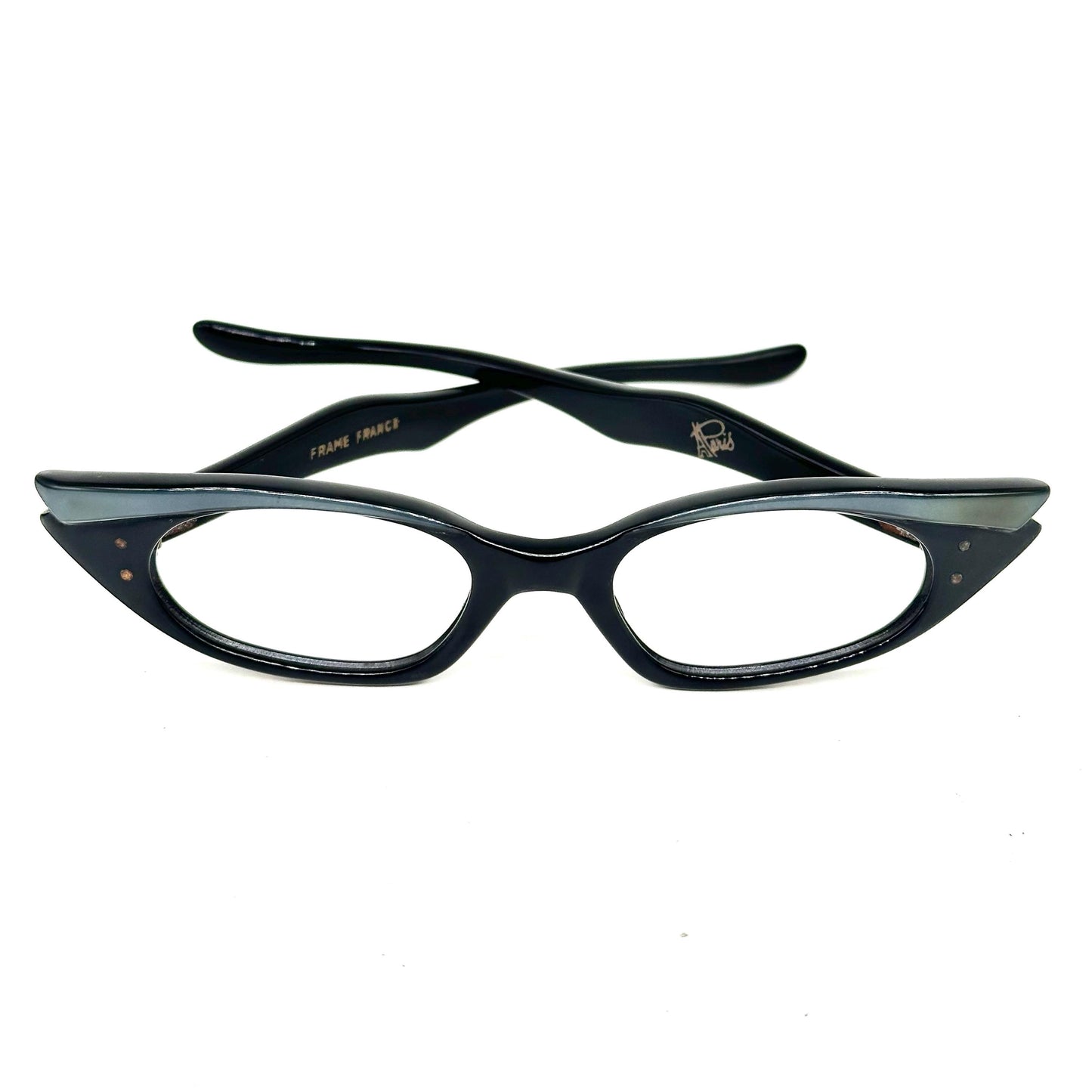 A PARIS vintage black cateye glasses with emerald dark green eyebrow double pointed sides Made in France 1950s luxury style