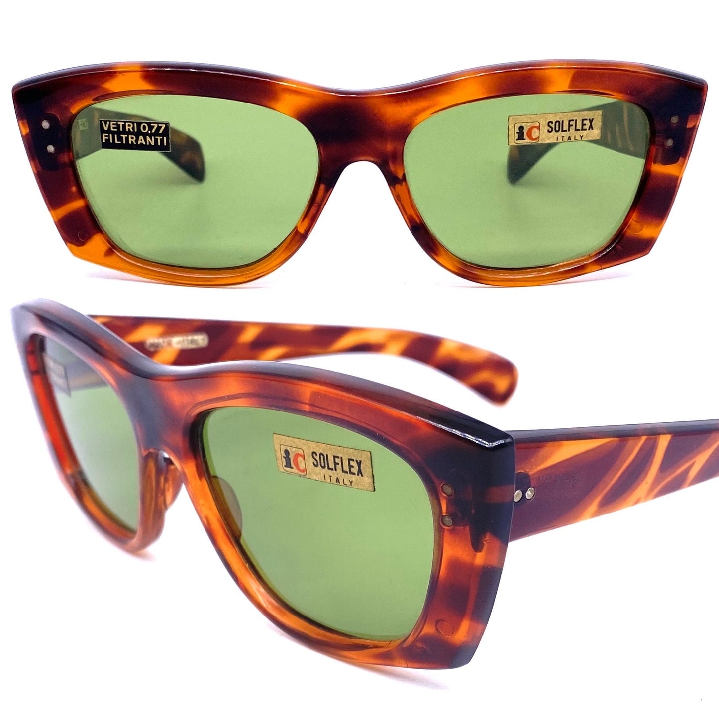 1960s Solflex square oversized tortoise sunglasses with green crystal lenses, NOS Italy