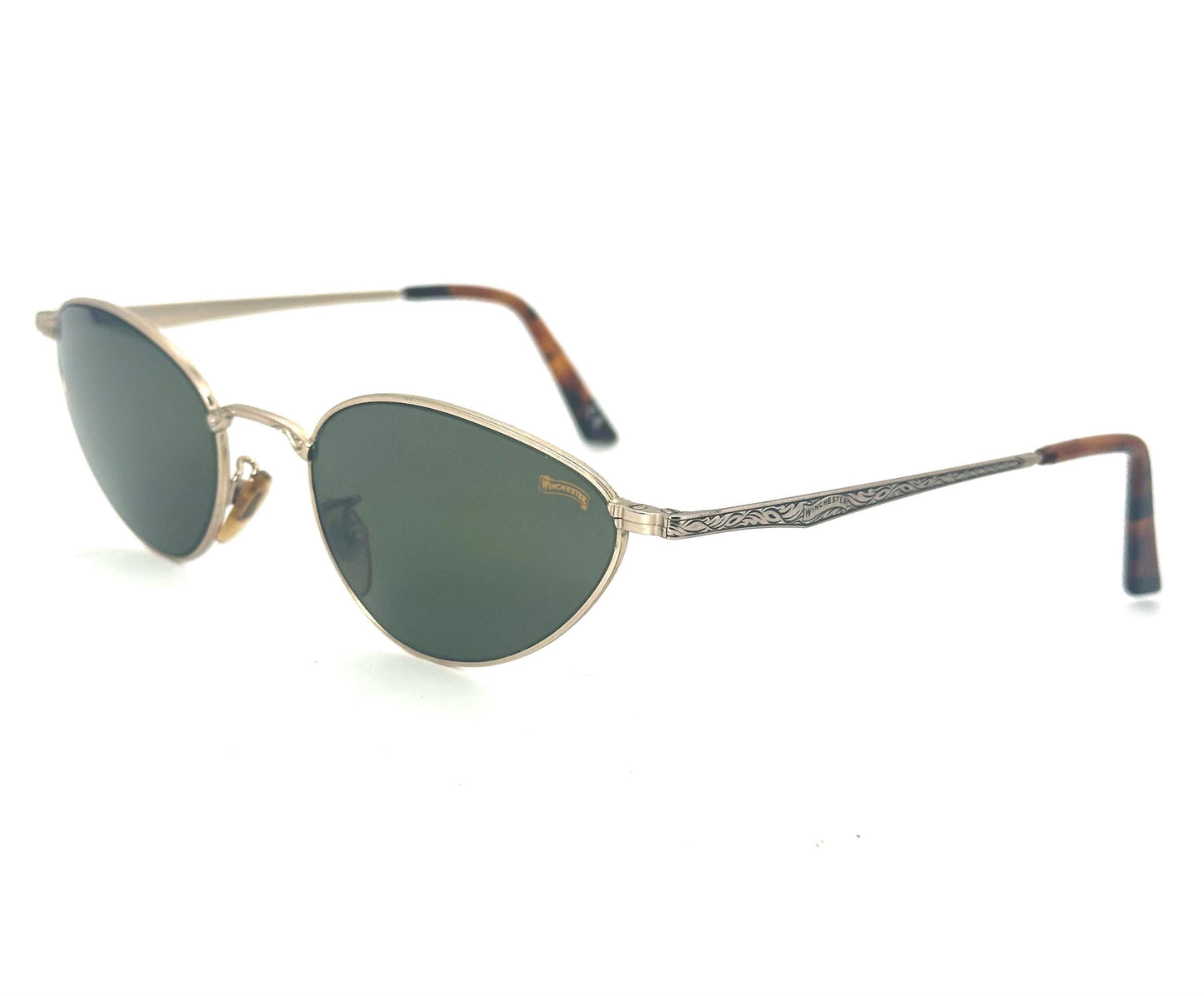 Winchester Hollywood metal cateye sungasses w decó carvings, fitted w finest tempered Crystals by Barberini, NoS 90s