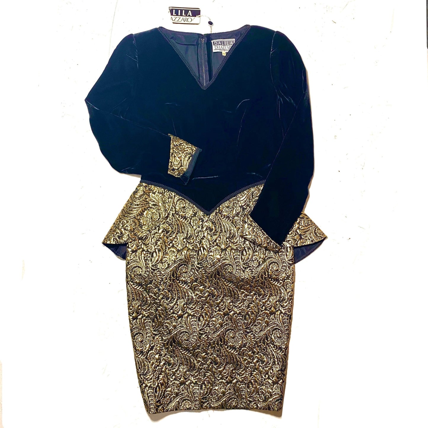 Dalila Dilazzaro NWT 80s black velvet / golden metal/wool broquade elegant evening dress, mint