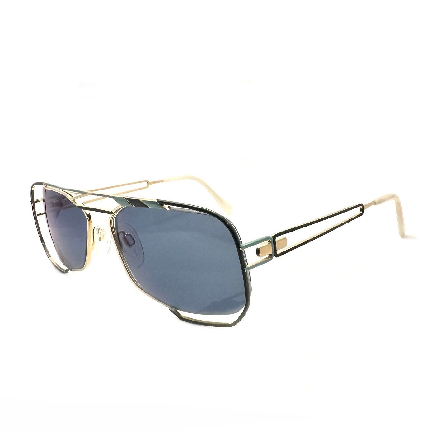 Neostyle jet 222 902 avant Garde sunglasses; gold w green and cyan enamel details & white cream ends, NOS 90s Germany
