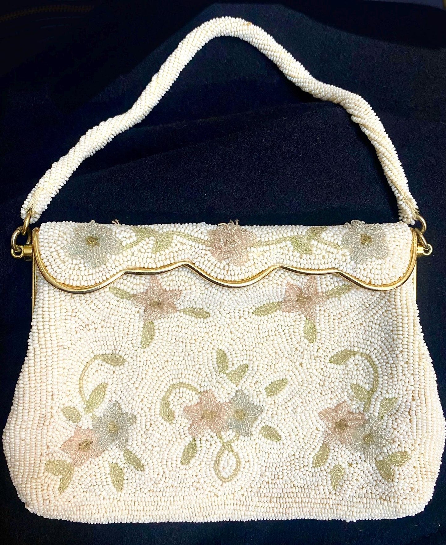 1940s classy hand embroidered floral evening-bridal pouch bag, as new
