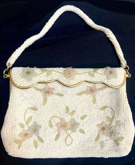 1940s classy hand embroidered floral evening-bridal pouch bag, as new