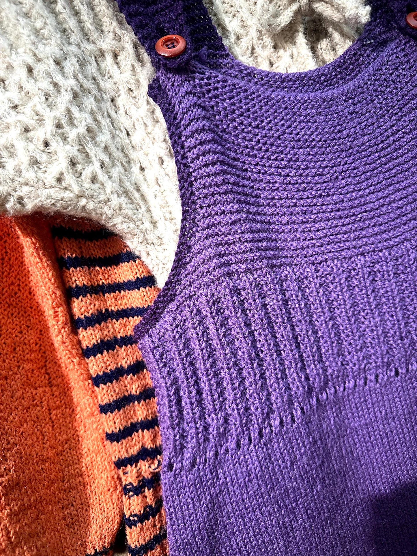 Purple - lilac Hand Knitted crochet dungaree wool dress made in Italy 80s, as new