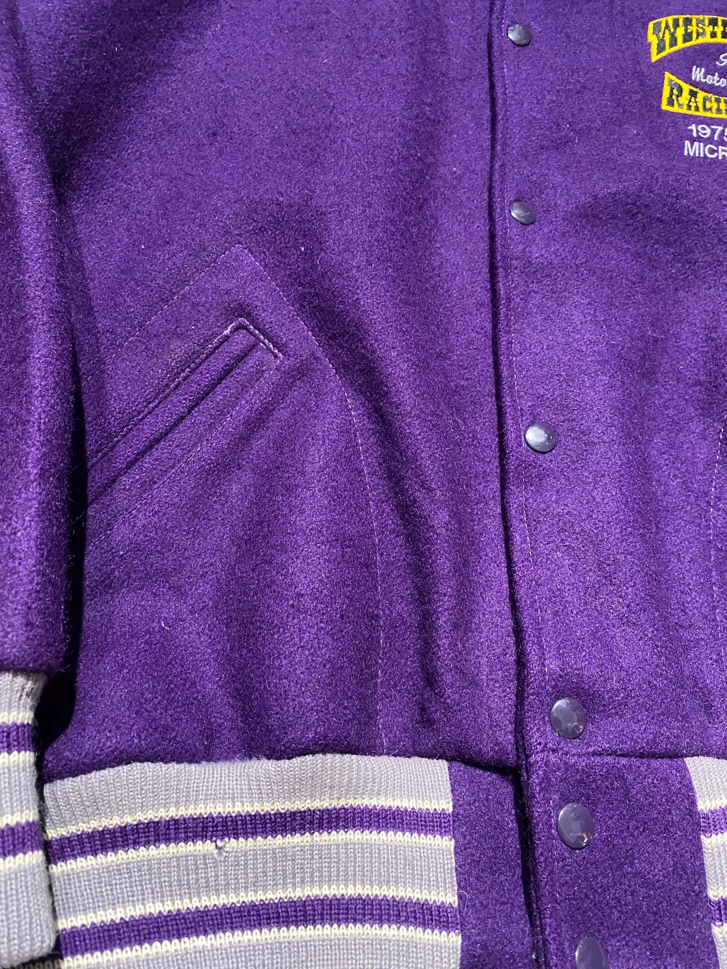 Western St. Racing Ass. Purple wool Varsity Jacket w embroidered details, XL