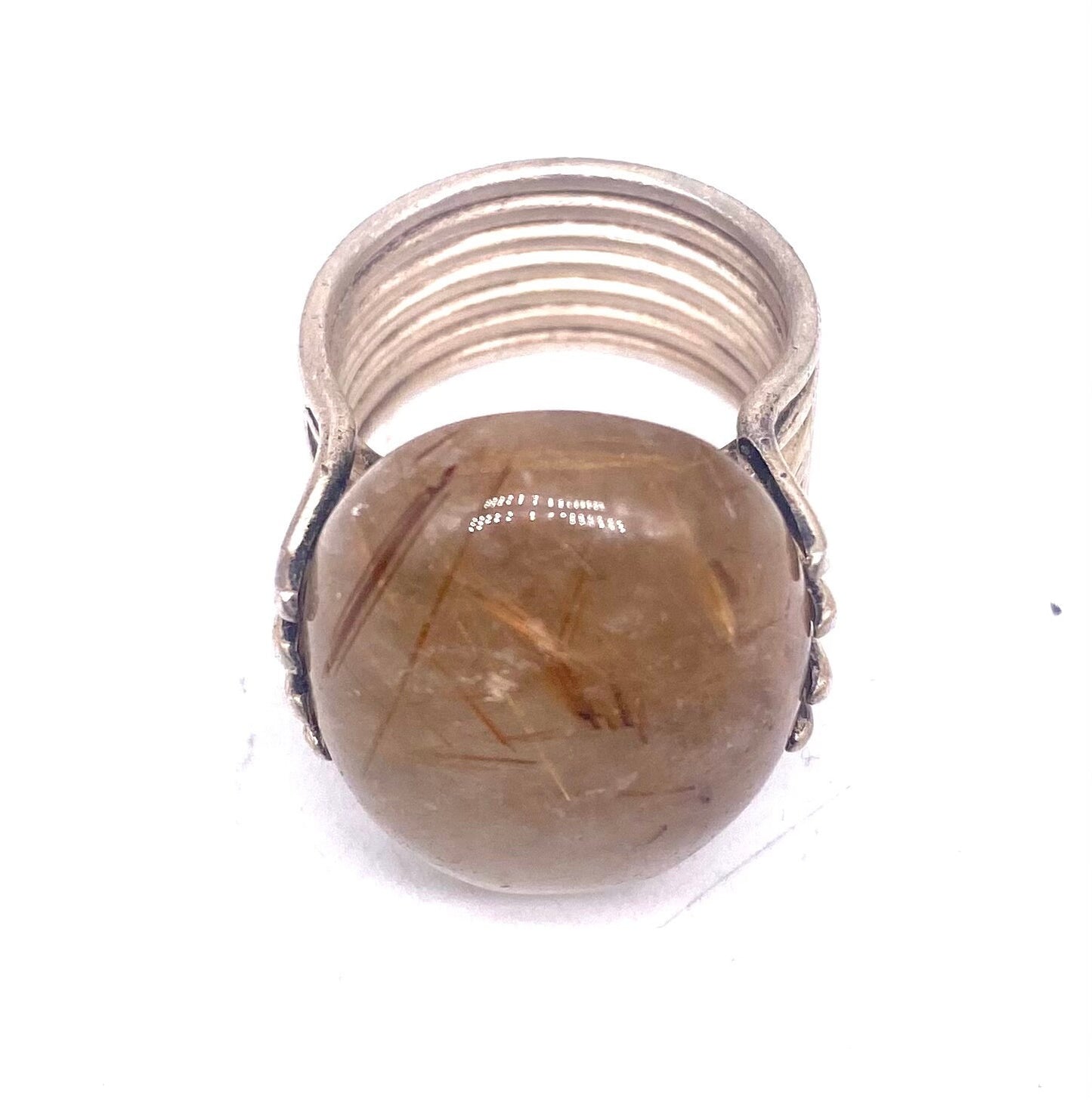 1960s Artisanal 925 Silver cable ring with big oval sunstone (Rutilated Quartz) in great condition