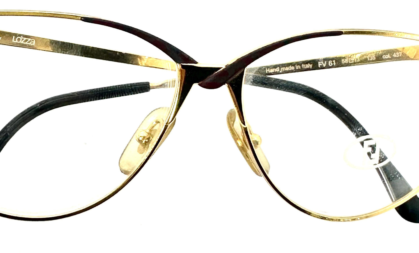 Fendi FV61 Gold-Burgundy asymmetric cateye eyeglasses frames hand made in Italy by Lozza, NOS 80s