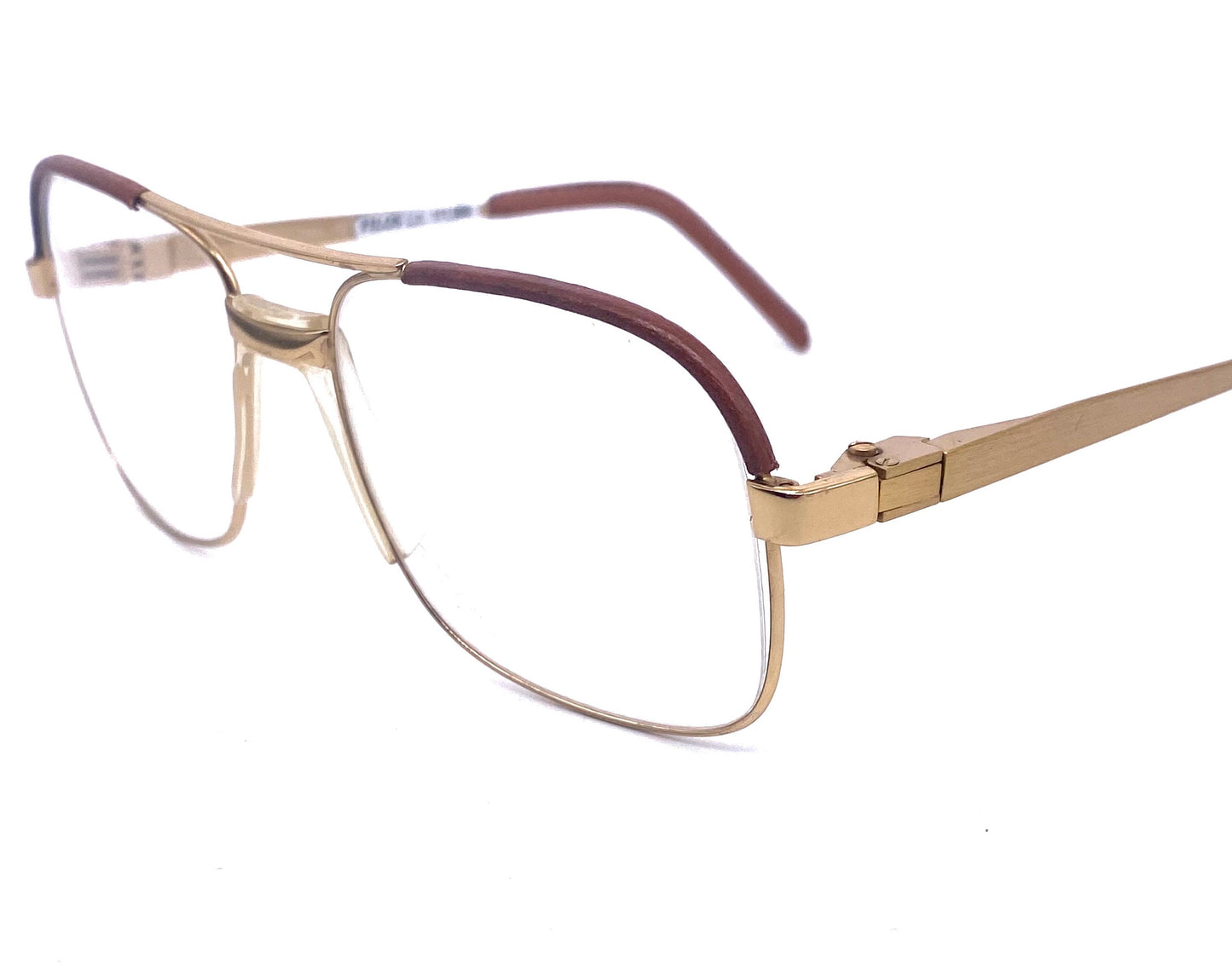 Filos dbl bridge square golden metal aviator frames with leather inserts, NOS 80s hand made in Italy