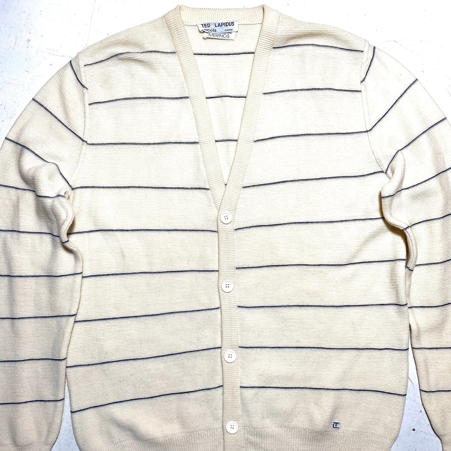 Ted Lapidus Paris pure merino wool ecru cardigan with navy blue horizontal stripes, NWT 80s