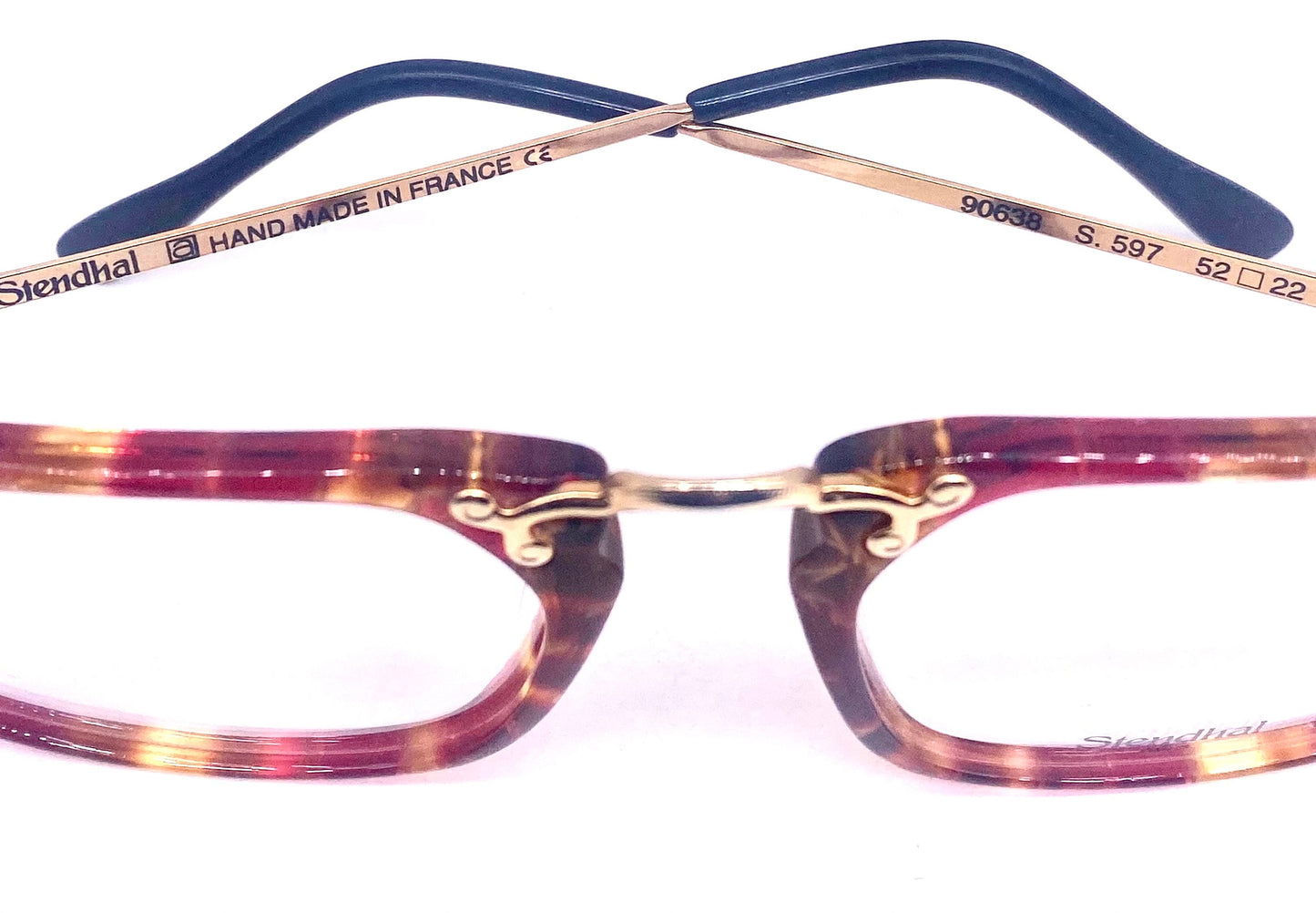 Stendhal Paris one of a kind red tortoise & gold deco inspired eyeglasses frames hand made in France, 80s NOS
