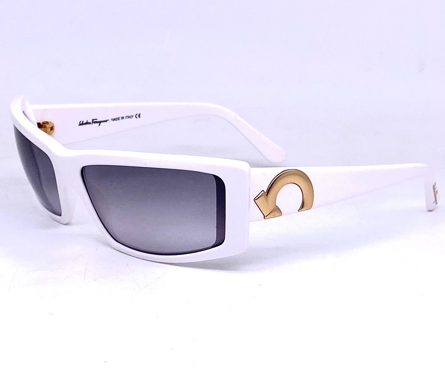 Ferragamo white acetate rectangular sunglasses w golden metal details / logo inlays, NOS