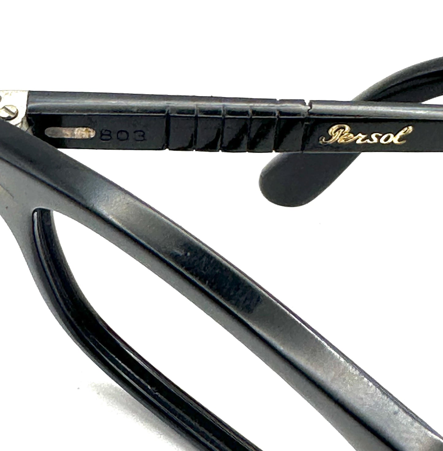 Persol 803 folding black cello rectangular frames w iconic arrow hinges, NOS 1960s Italy