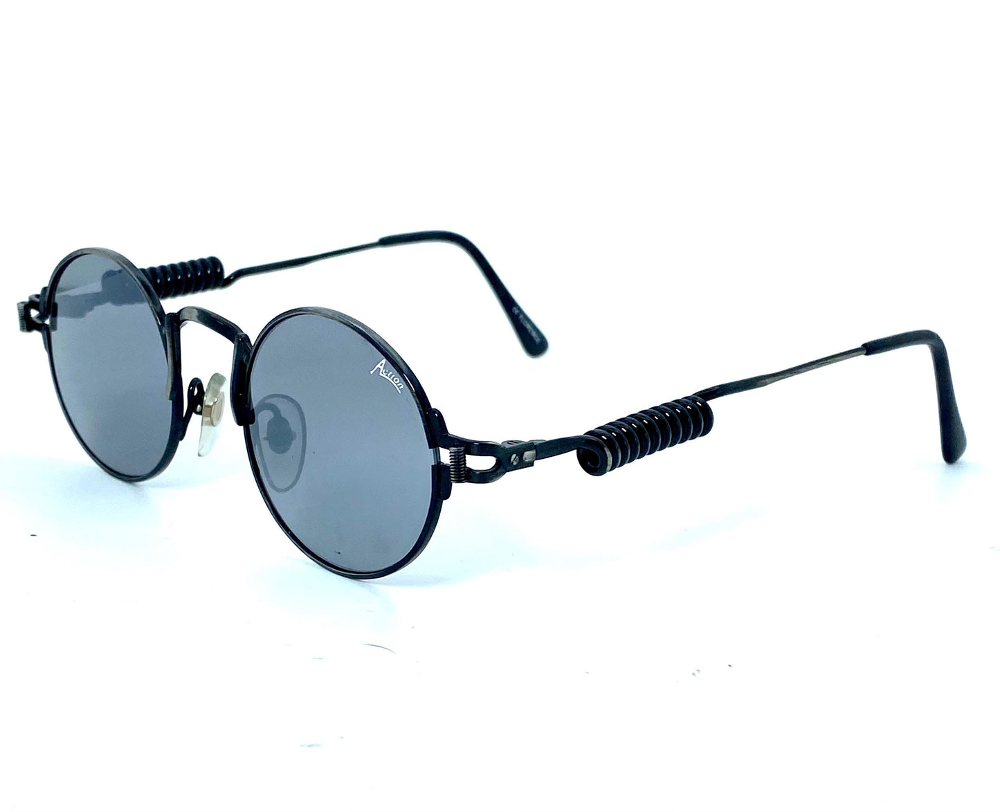 Florence Action 2871 round steampunk sunglasses w mirrored lenses, in gunmetal w spring-spiral temples , NOS 80s