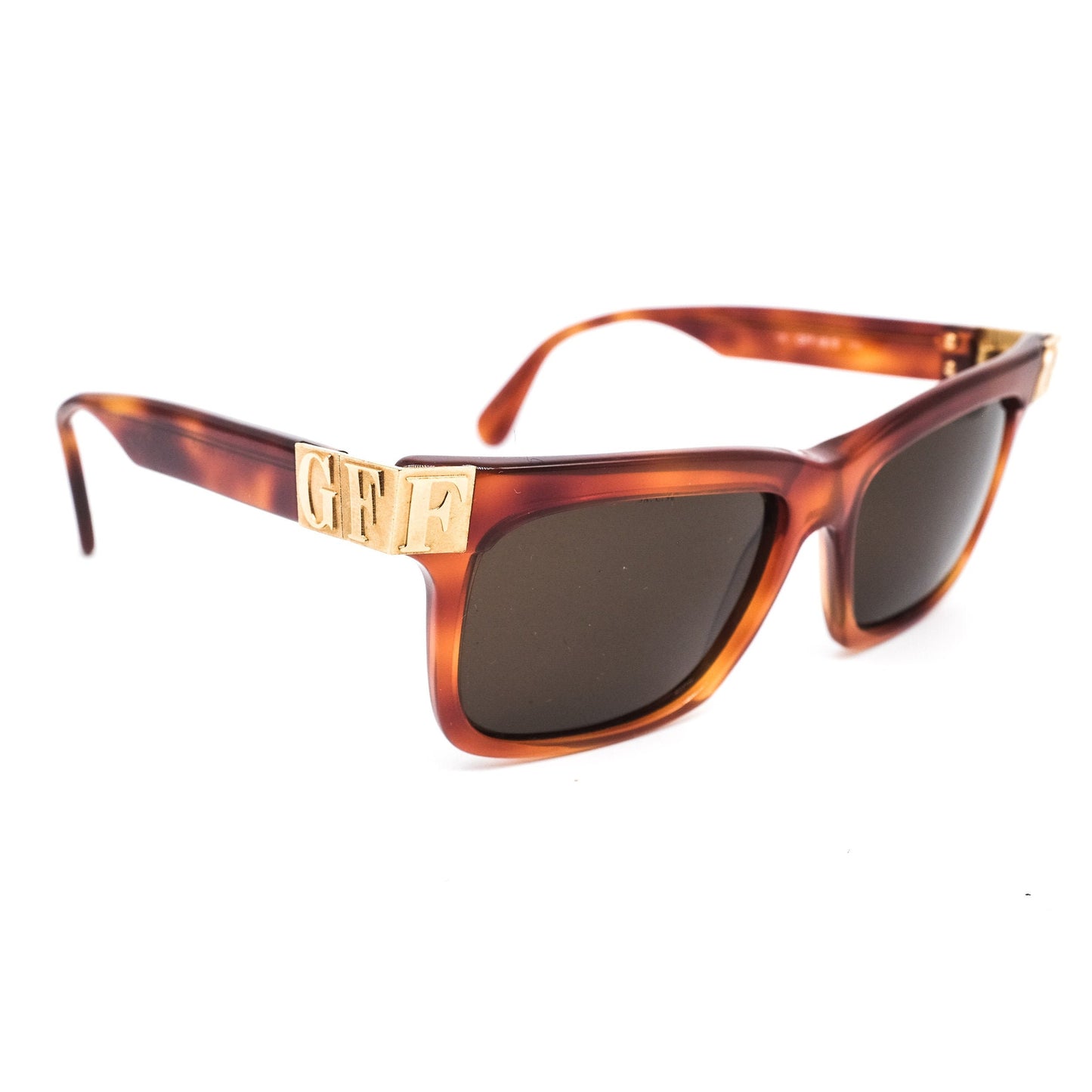 Gianfranco Ferré gff48s square brown tortoise sunglasses with huge branding details hand made in Italy, 1980s nos