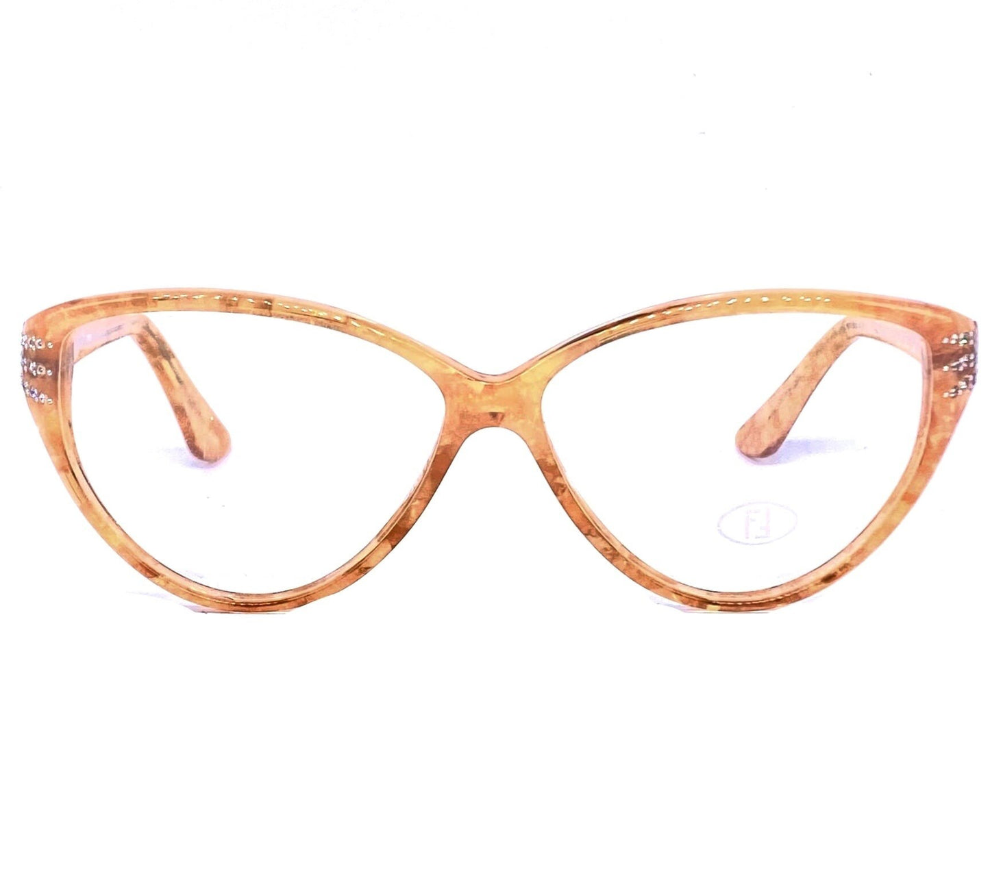 Fendi light amber marbled cateye eyeglasses frames with rhinestones and F logo, NOS 80s Italy