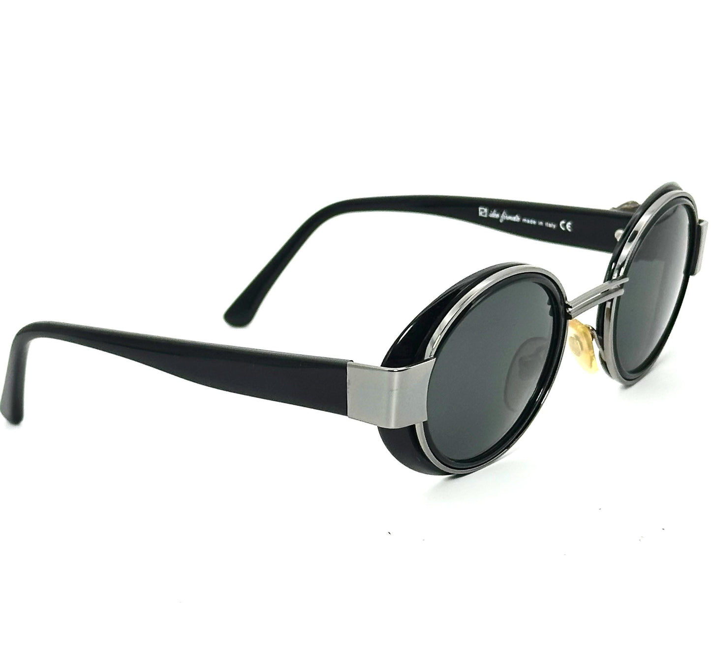M.Burani 5100 rare black-sober round side shields sunglasses w metal rose detail, NOS 80s Italy
