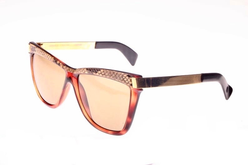 Morwen luxury square sunglasses w real snake inserts & golden temples, NOS 80s Italy