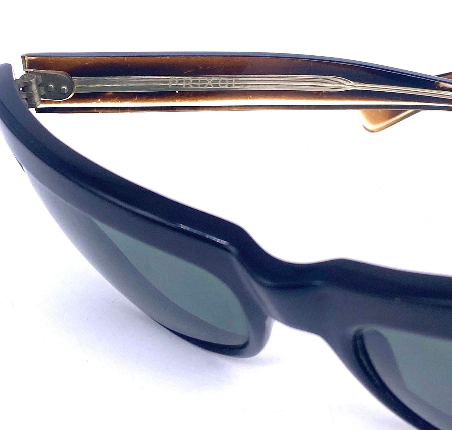 Prixol “Terminator” style sunglasses, sporty black wrap shades with brown temples, 1960s NOS Italy